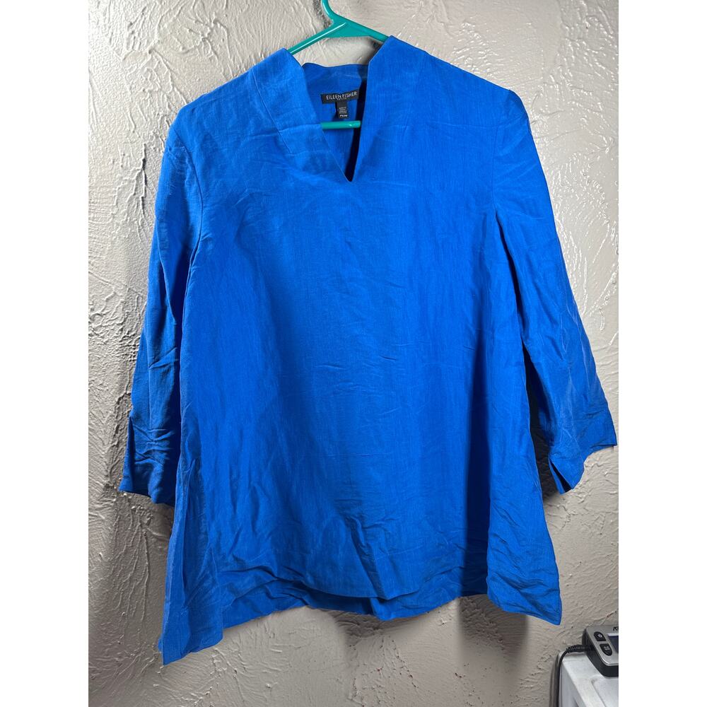 Eileen Fisher Silk Dupioni Shirt Blue Top‎ Shirt V Neck Womens Petite Size PS